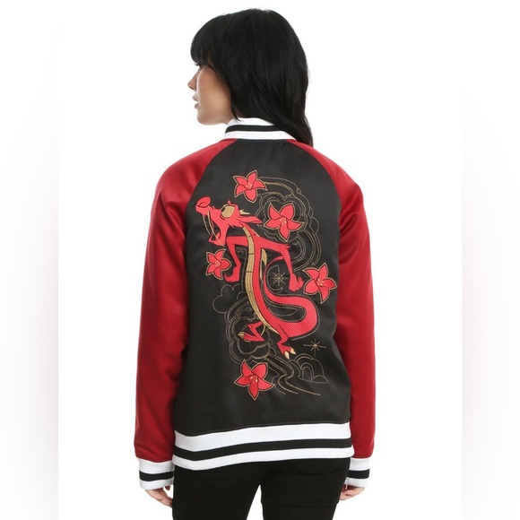 Disney Mulan Mushu Black & Red Satin Bomber Jacket Size Medium X - Picture 1 of 12
